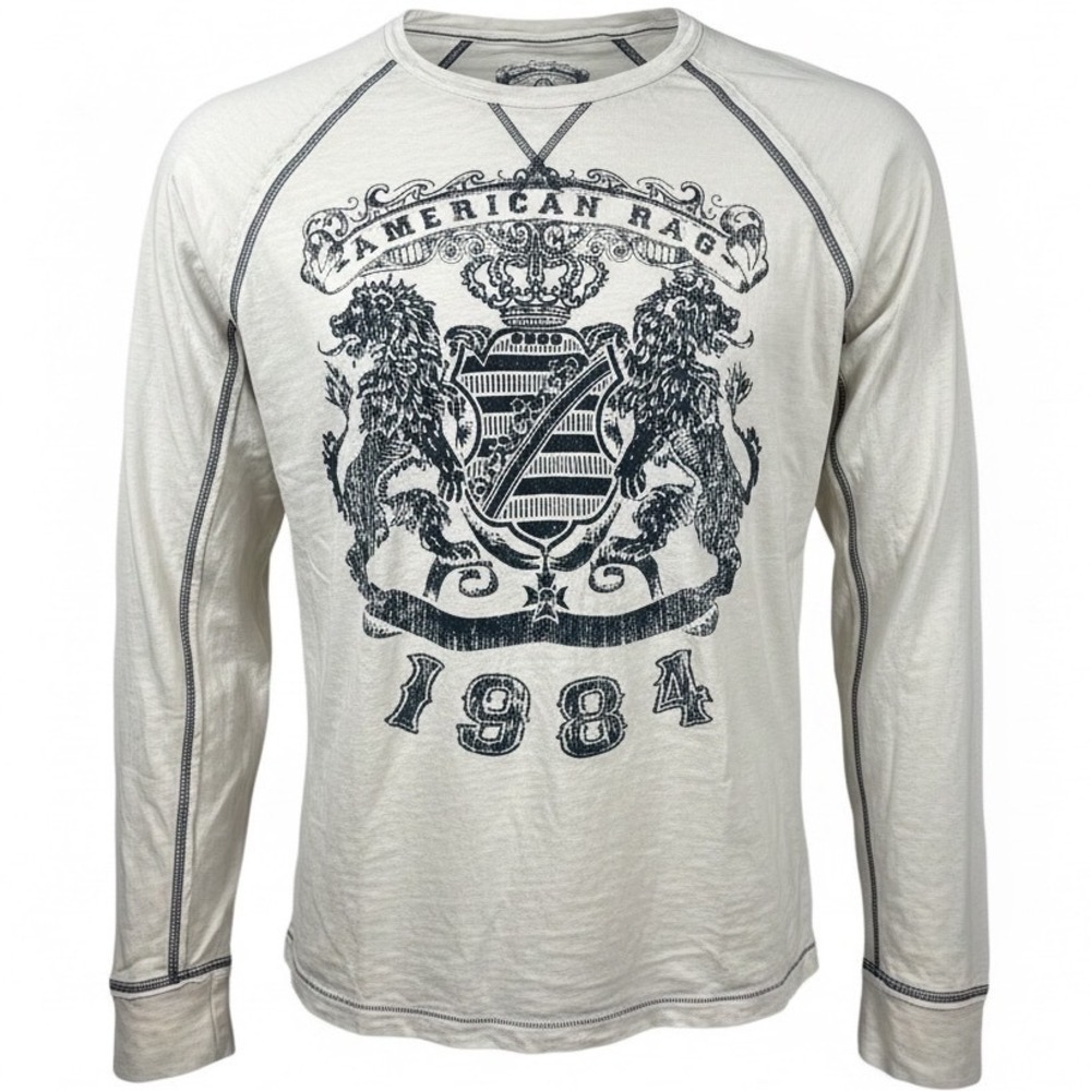 American Rag Mens XL Off White T-Shirt Lion Crest 1984 Y2k distressed SPOTS